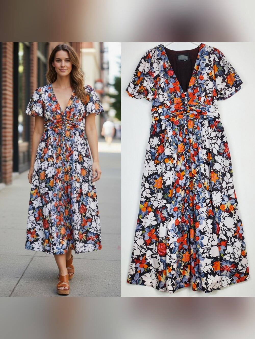 Anthropologie large the Katerina fit flare maxi dress button front v neck floral